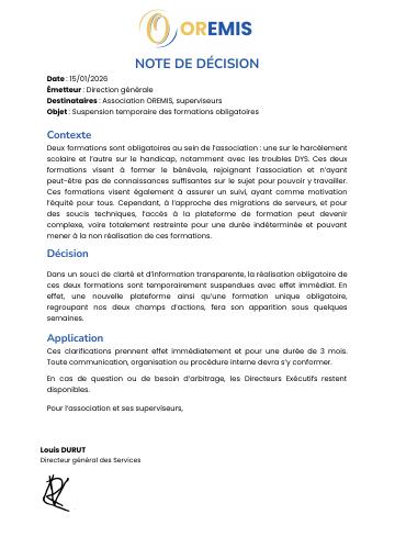 Apercu Suspension temporaire des formations obligatoires