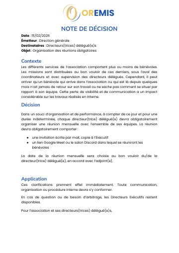 Apercu Réunions de services obligatoires