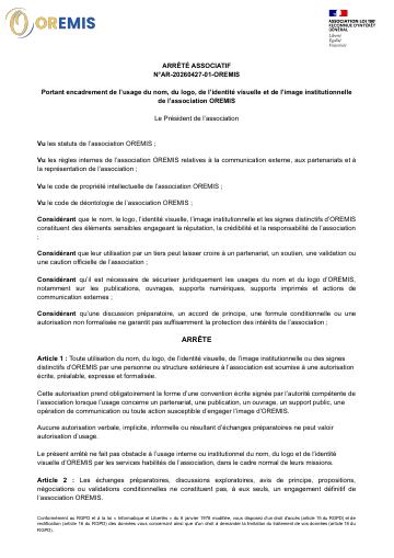 Apercu ARRÊTÉ ASSOCIATIF Portant encadrement de l’usage du nom, du logo, de l’identité visuelle et de l’image institutionnelle de l’association OREMIS