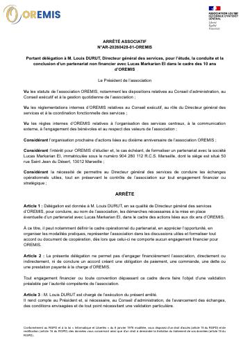 Apercu ARRÊTÉ ASSOCIATIF Portant délégation à M. Louis DURUT, pour la conduite d’un partenariat non financier dans le cadre des 10 ans  d’OREMIS