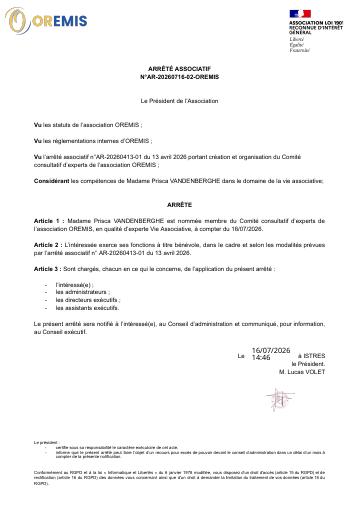 Apercu ARRÊTÉ ASSOCIATIF N°AR-20260716-02-OREMIS
