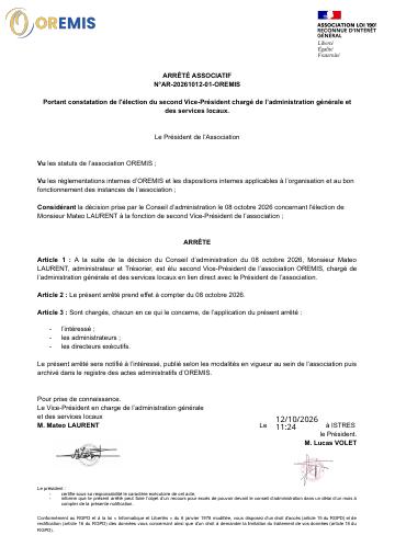 Apercu Arrêté associatif n° AR-20261012-01-OREMIS