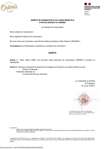 Apercu ARRÊTÉ DE NOMINATION D’UN CADRE BÉNÉVOLE  N°AR-NO-20250427-01-OREMIS