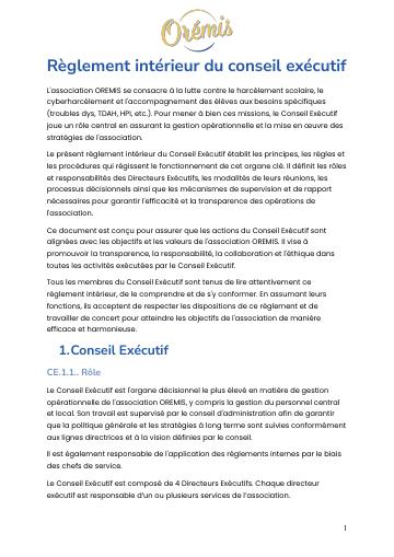 Apercu Règlement intérieur du conseil exécutif