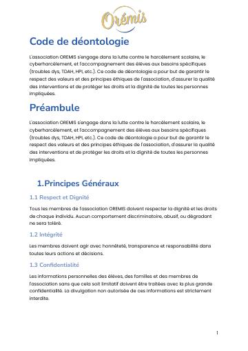 Apercu Code de déontologie OREMIS
