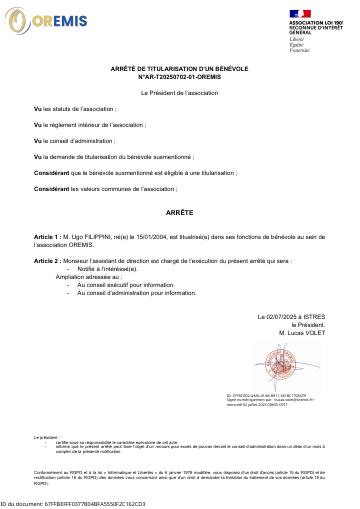 Apercu Arrêté de titularisation AR-T20250702-01-OREMIS