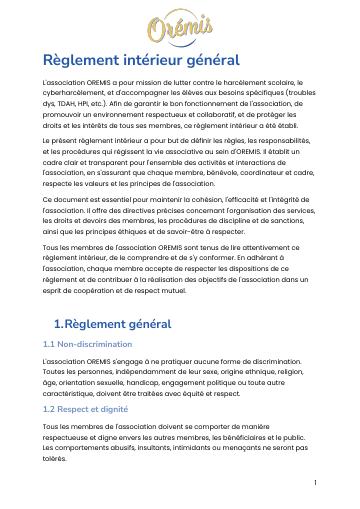 Apercu Règlement intérieur général de l association
